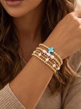 Boho Gold Beaded Bracelet Stack | Turquoise Cross & Faux Pearl Stretch Bracelets